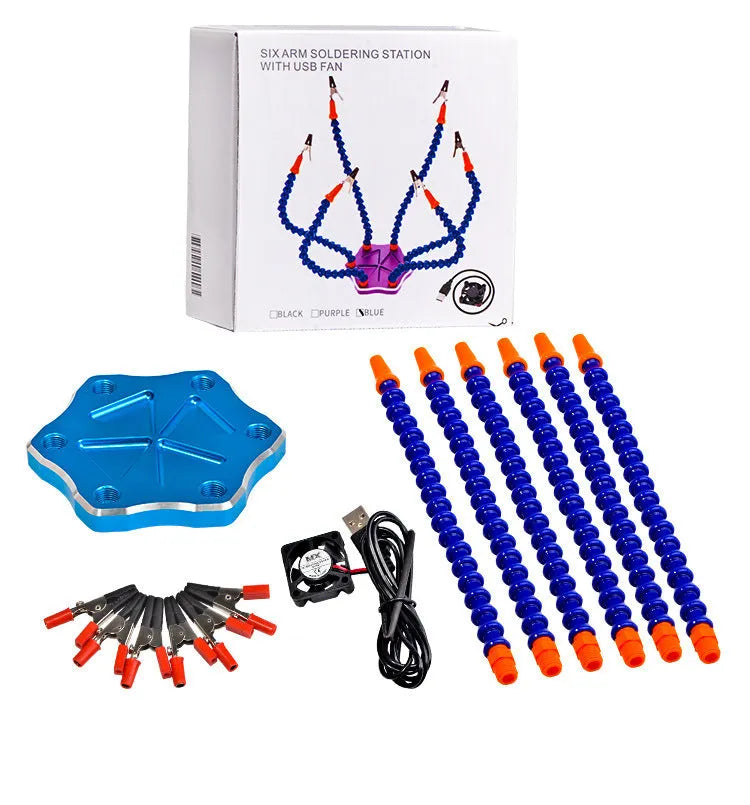 Black and purple six-claw aluminium alloy welding station with multiple adjustable arms for model soldering.