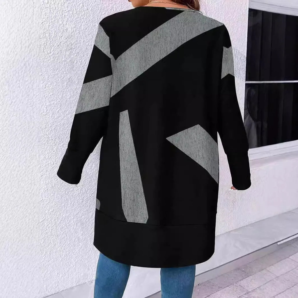 Black loose-fitting plus size women's cardigan coat with button stitching detail