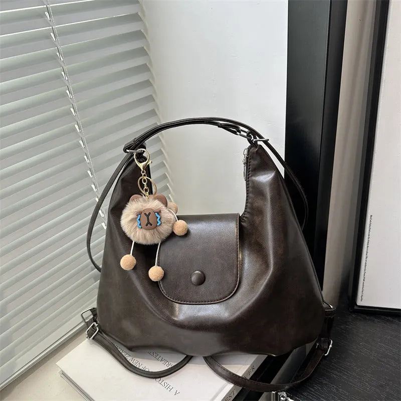 Textured PU leather one-shoulder bag in horizontal square shape with large capacity for daily commuting