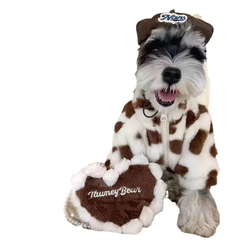 Pink polyester plush winter coat on small dog showing British-style pet clothing design