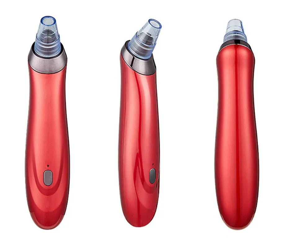 Electric blackhead remover pore cleaner in black with interchangeable nozzle heads and compact design