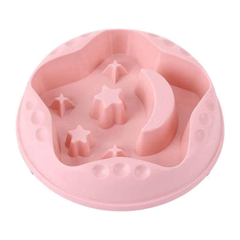 Moon star wings design slow feed dog bowl with interior ridges, non-slip base, in blue colour