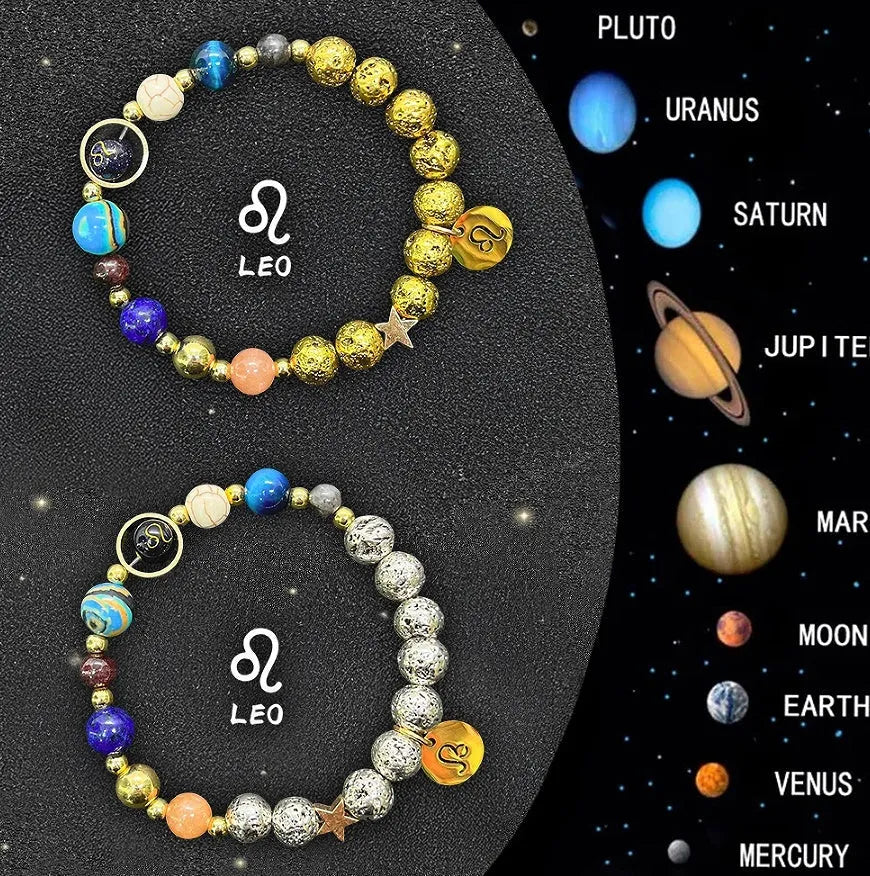 Set of two natural stone beaded bracelets with Zodiac sign charms on a dark background.