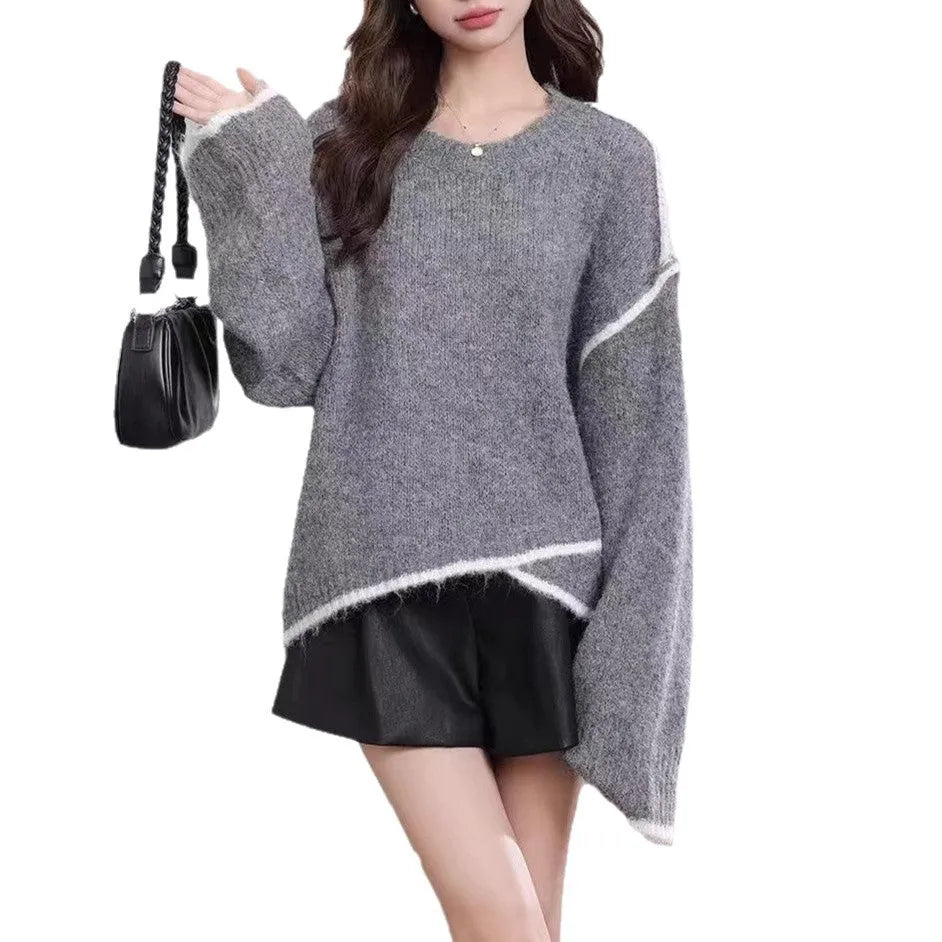 Women's loose fit pullover jumper in gray, made from cotton with regular sleeves and free size design