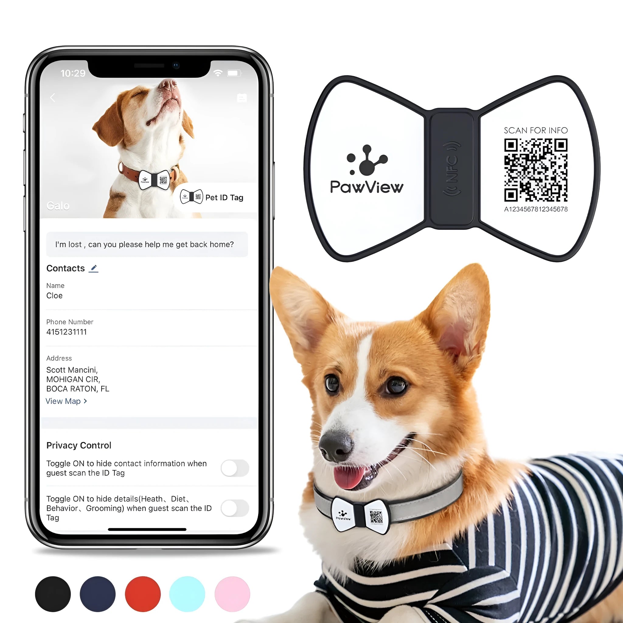 NFC smart QR code silicone pet ID tag with bowknot decoration for dogs and cats