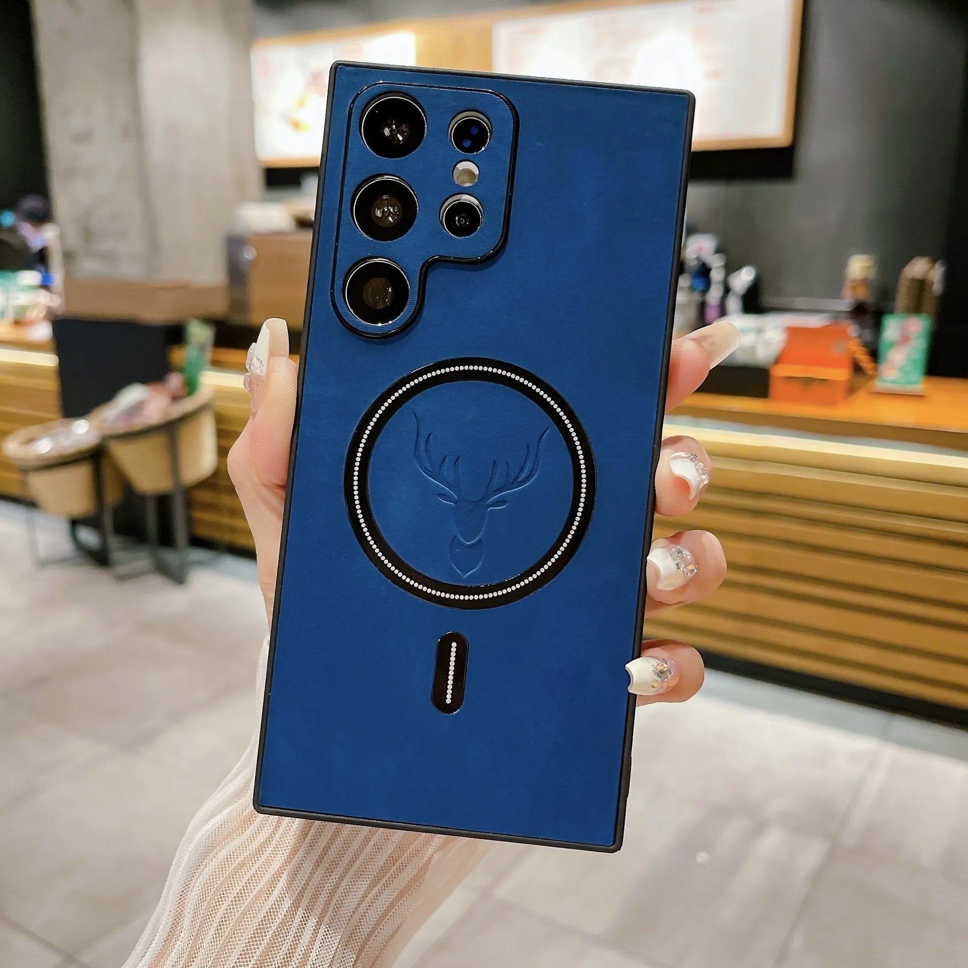 S23 magnetic wireless charger phone case with embossed deer head leather pattern, PC TPU back cover for Samsung