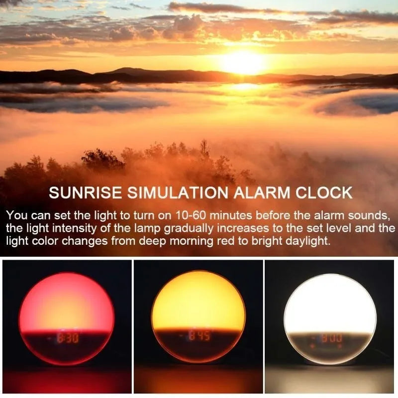 E20 wood grain basic sunrise alarm clock with USB power and night light on a table