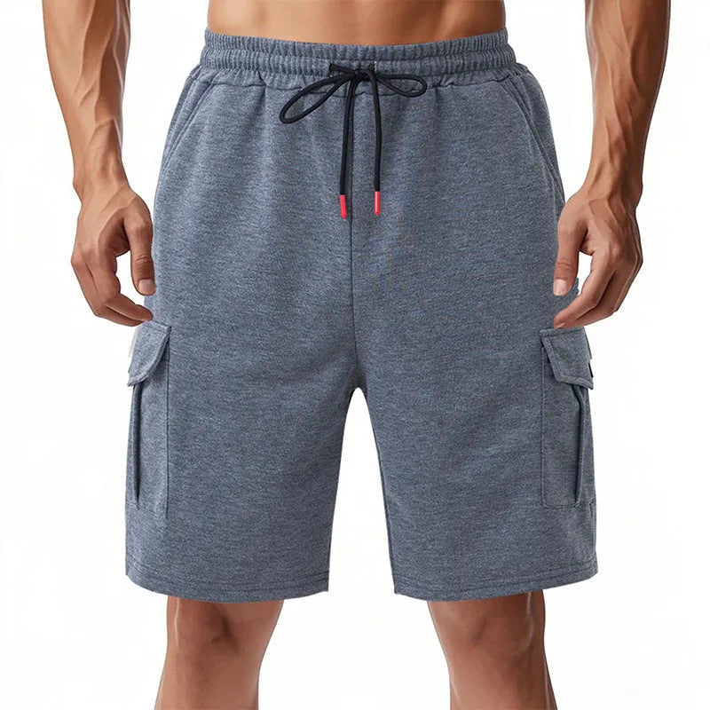 Men's loose-fit heavyweight ring fabric cargo shorts in light grey with multiple pockets.