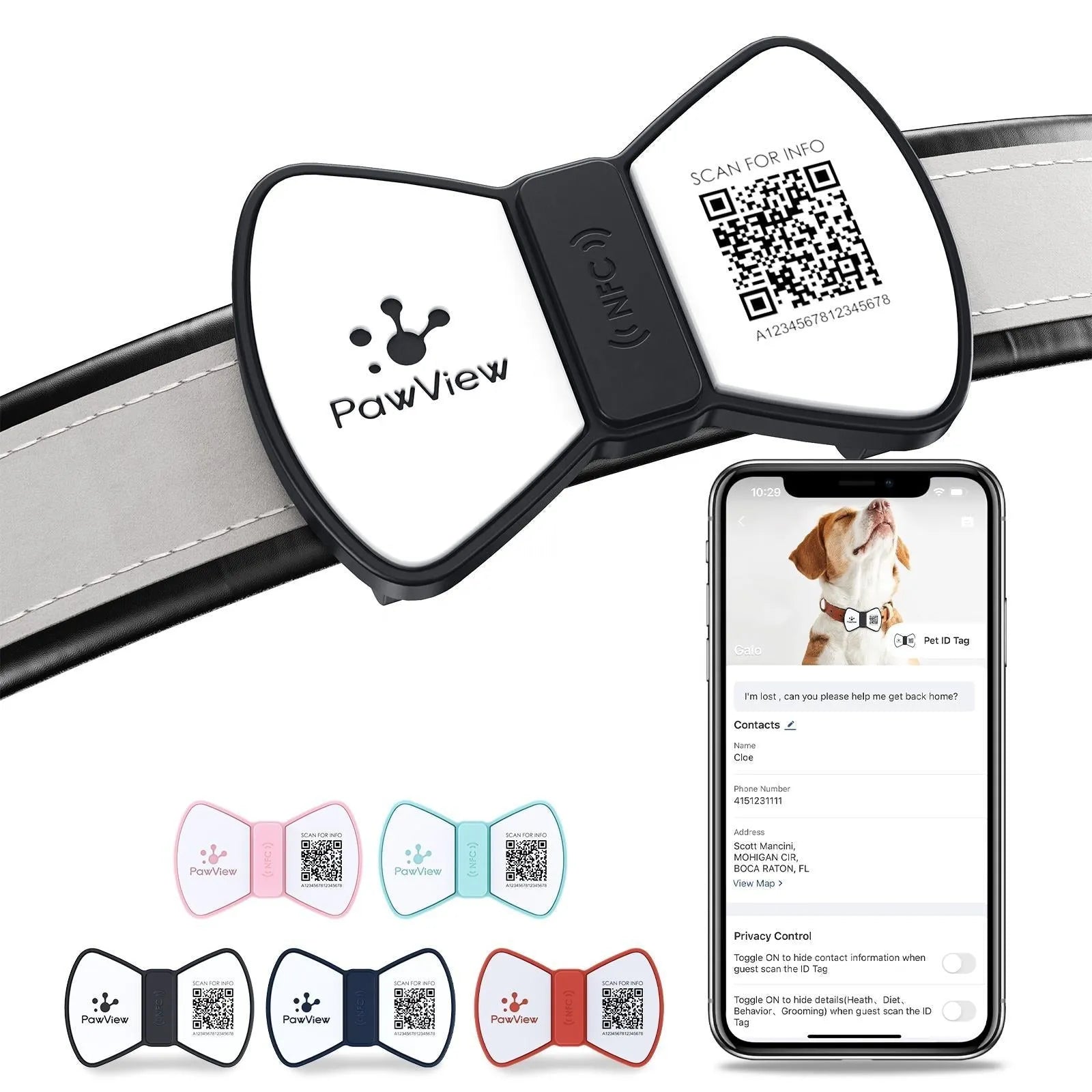 NFC smart QR code silicone pet ID tag with bowknot decoration for dogs and cats