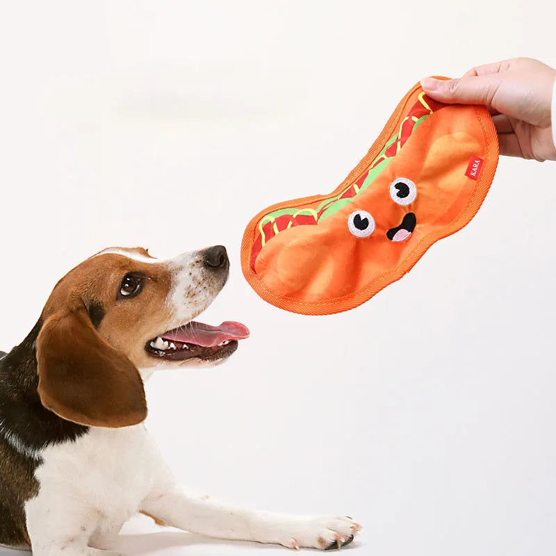 Colourful hamburger, fries, hot dog, and pizza shaped dog chew toys with crinkle and squeak features