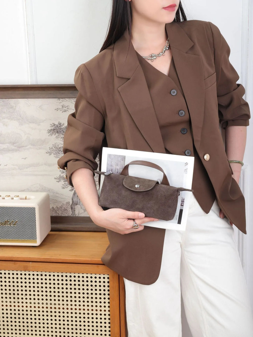 Women's genuine leather spliced dumpling crossbody bag with suede finish in six colour options