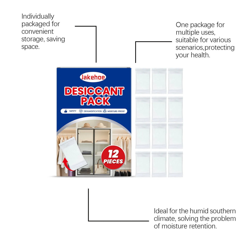 Twelve calcium chloride desiccant sachets for home moisture absorption.