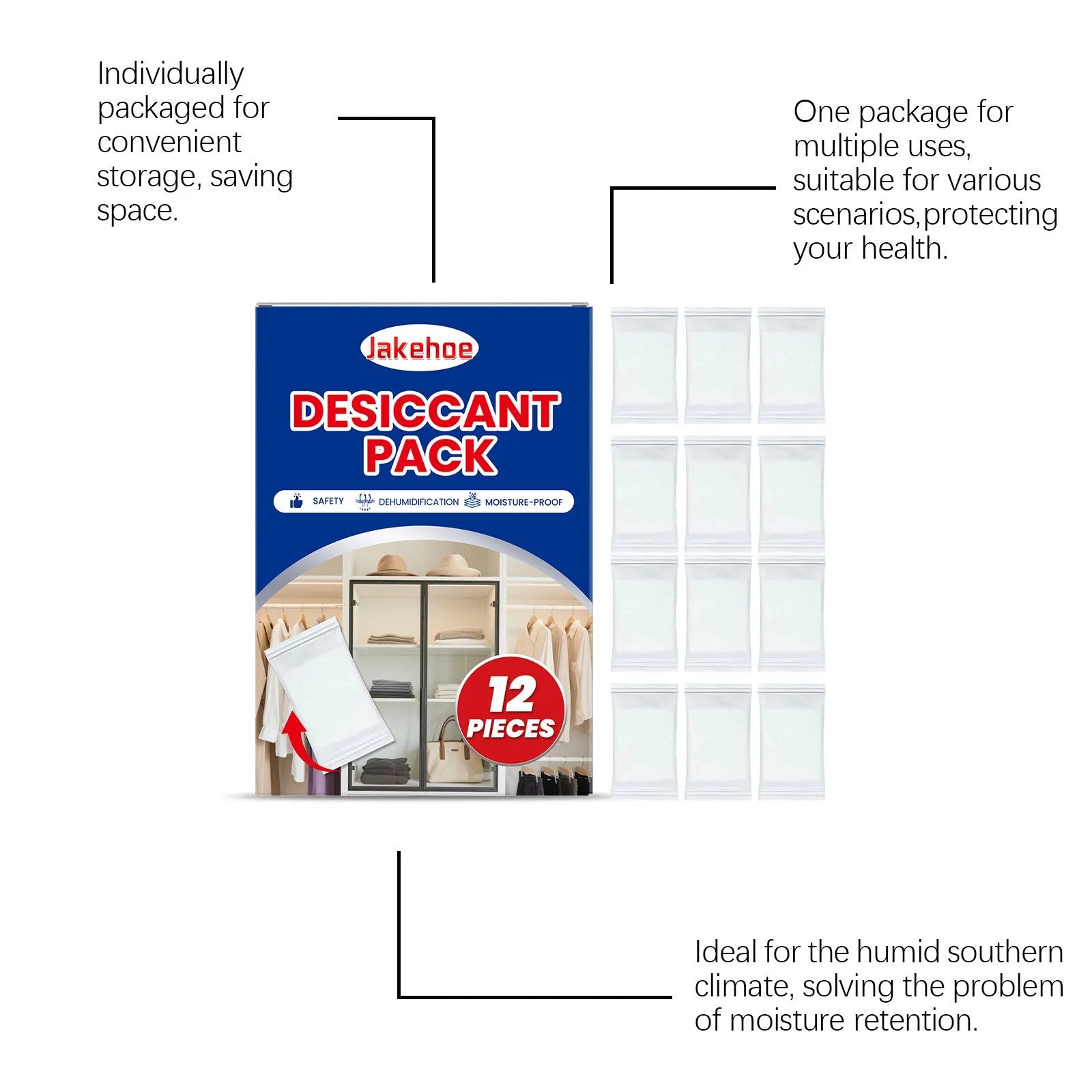 Twelve calcium chloride desiccant sachets for home moisture absorption.