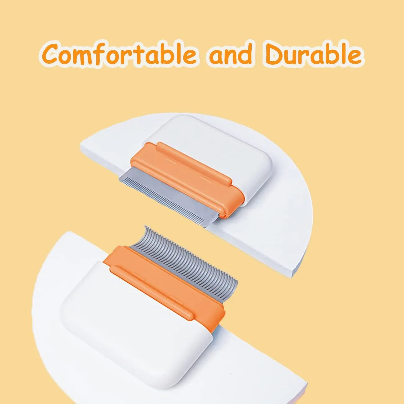 Blue double-sided pet grooming comb with stainless steel teeth on grey background