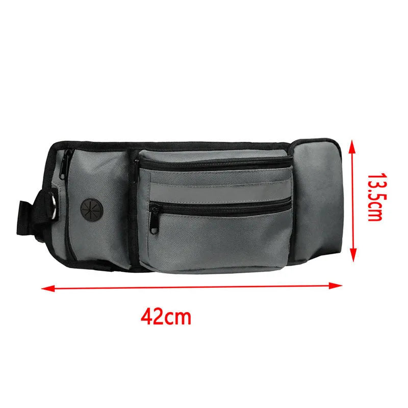 Multifunctional polyester fanny pack in black with adjustable strap for running and dog training
