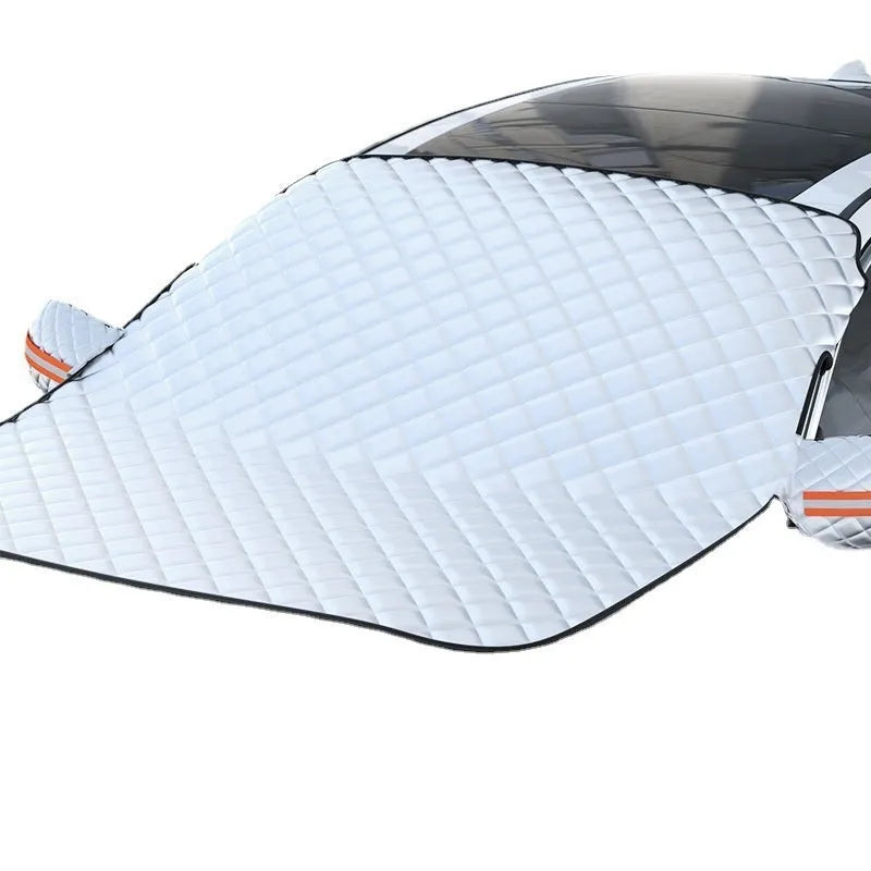 Large SUV winter windshield cover with reflective stripes and magnetic attachment system