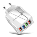 Multi-port USB charging head with four ports, PC+ABS housing in black, white, and blue options