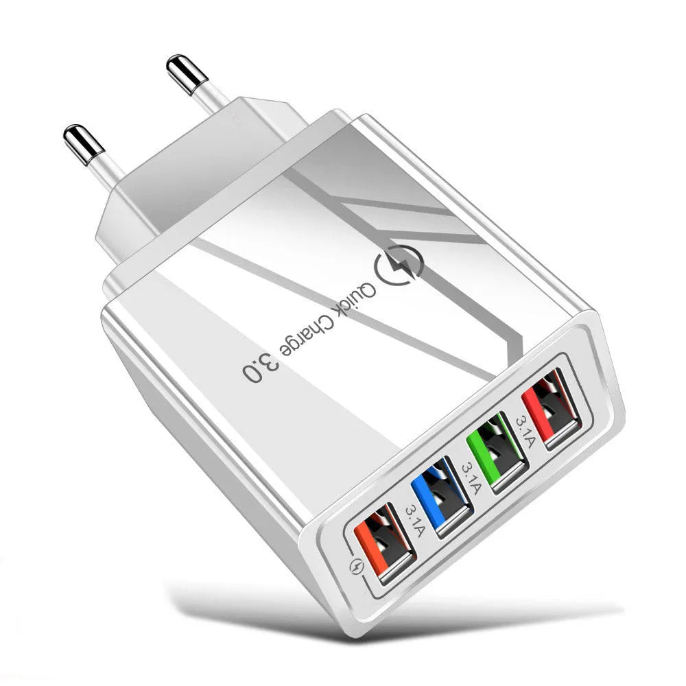 Multi-port USB charging head with four ports, PC+ABS housing in black, white, and blue options