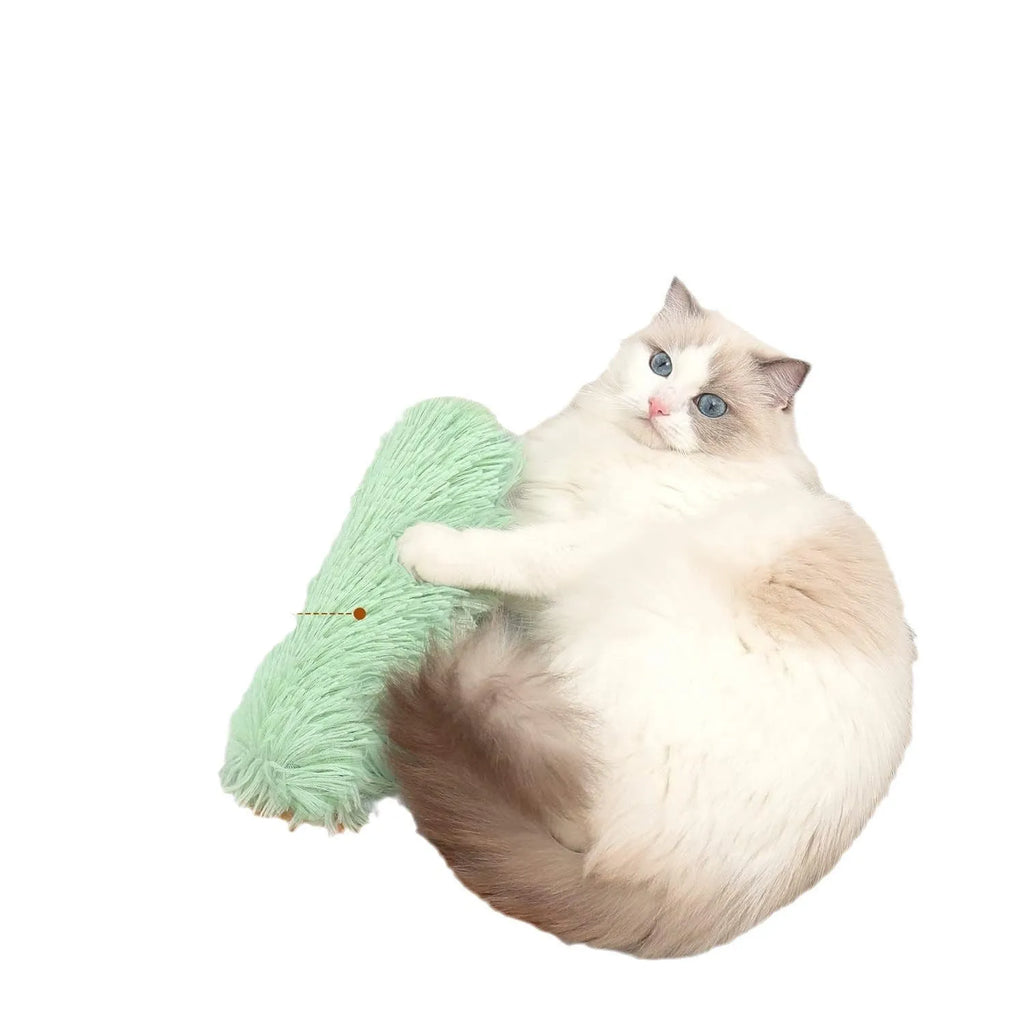 Green, white, blue, and pink plush cat toy pillow measuring 27 by 10 centimetres.