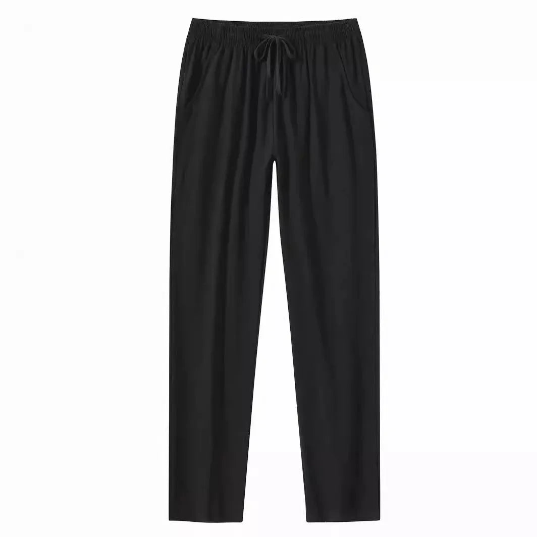 Men's cotton and linen beach pants in khaki, loose fit with drawstring waist, solid colour design