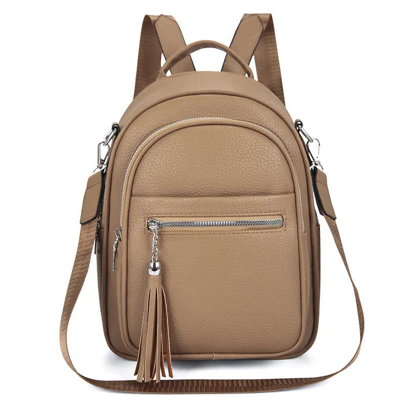 Simple large capacity casual backpack for women in khaki, PU material, with outer pocket and sewing thread detail