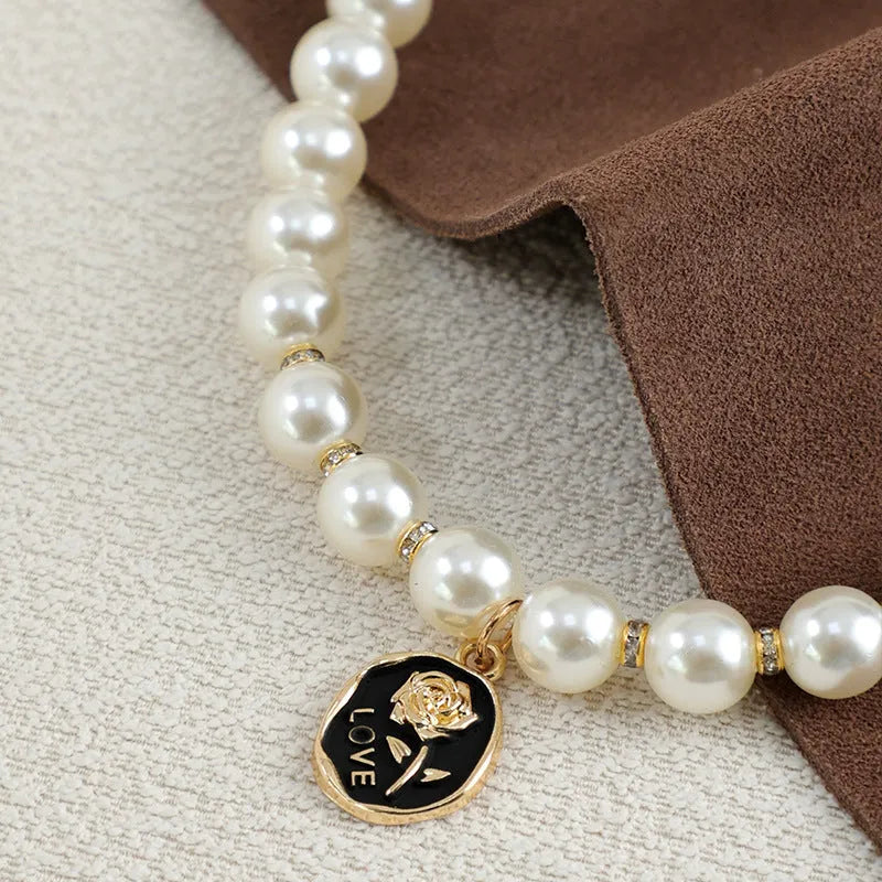 Retro plastic pearl necklace collar for pets with flower design, Black Rose colour, adjustable scarf