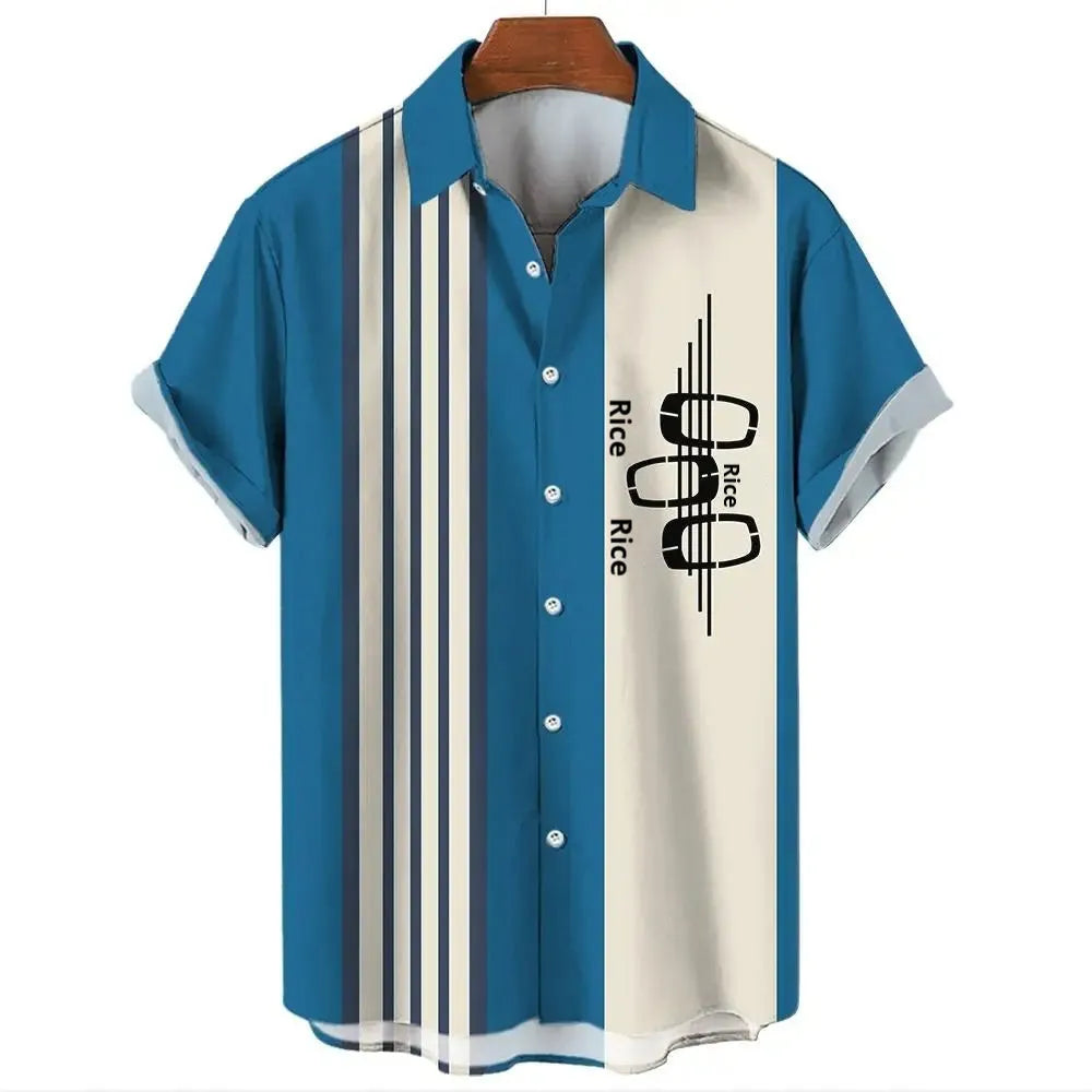 Men's striped Hawaiian shirt with button front and short sleeves in stretch elastic fabric