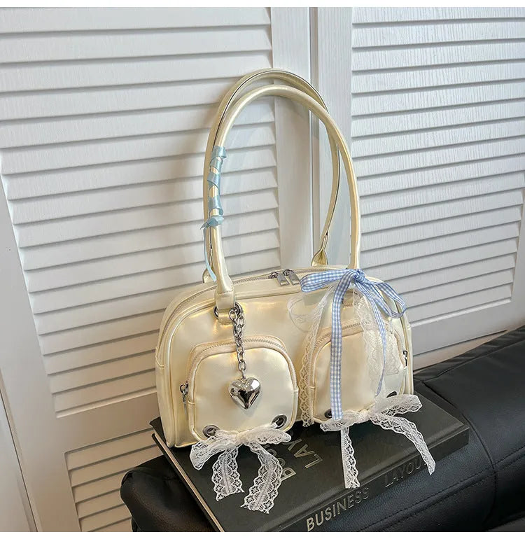 Soft PU shoulder bag in beige with cross-body strap and mobile phone pocket