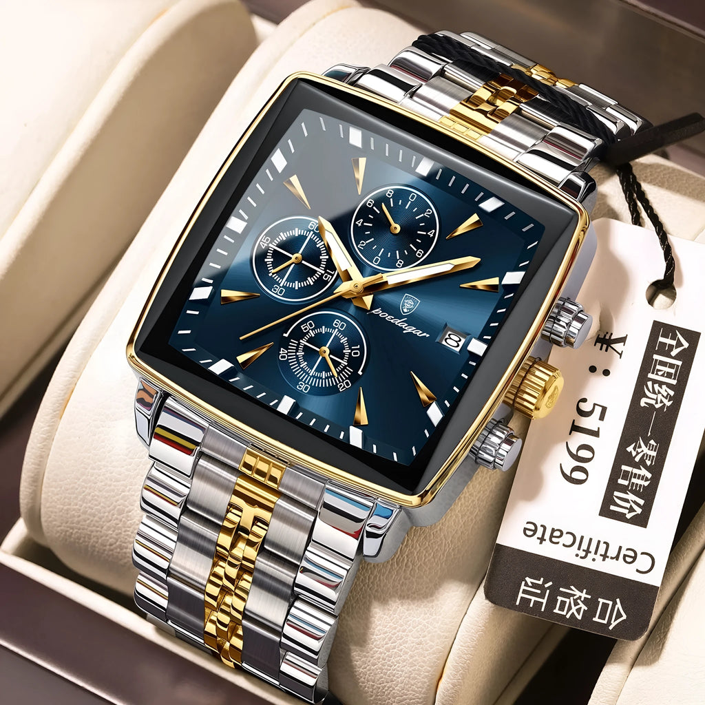 Square men's business watch with stainless steel strap and mineral glass face