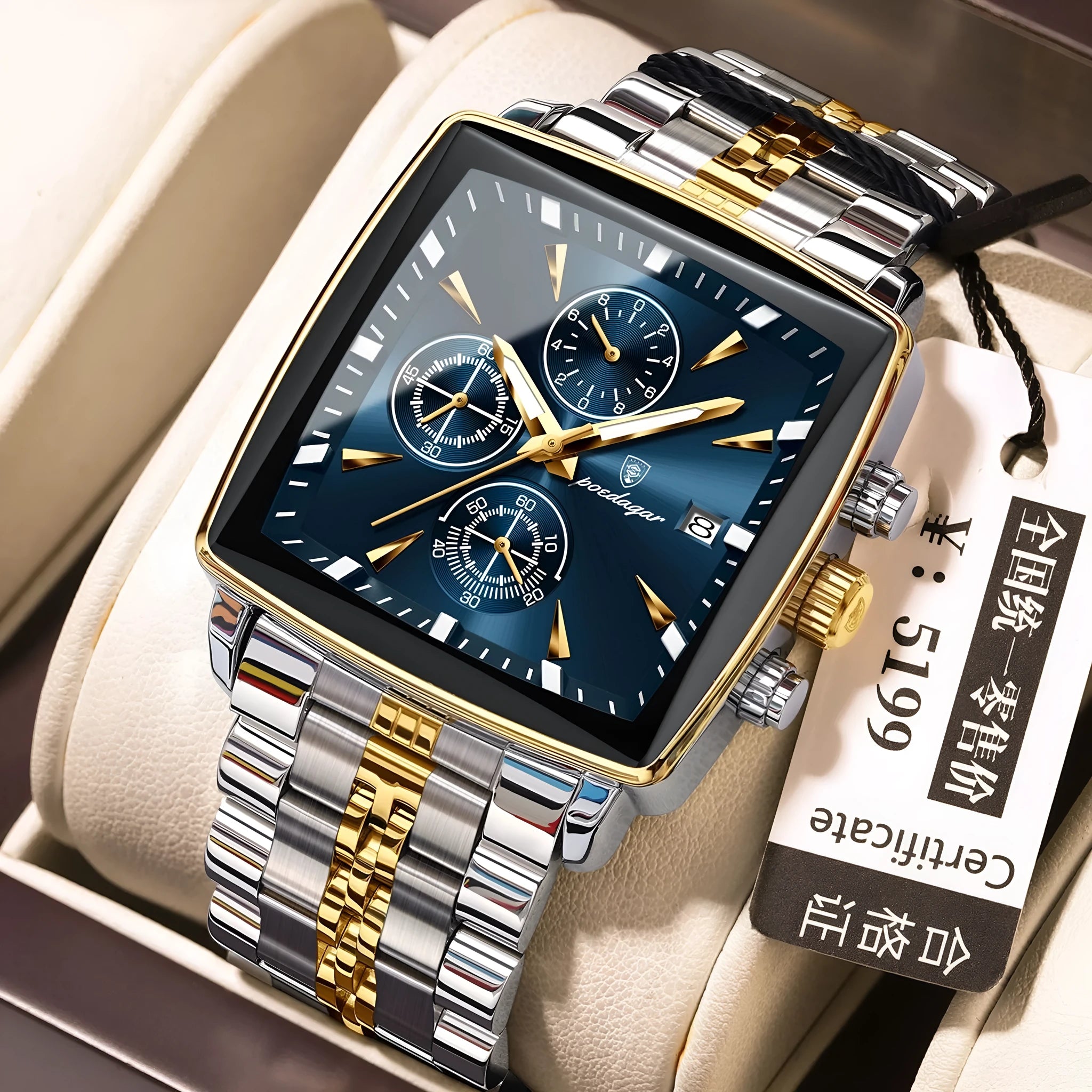 Square men's business watch with stainless steel strap and mineral glass face