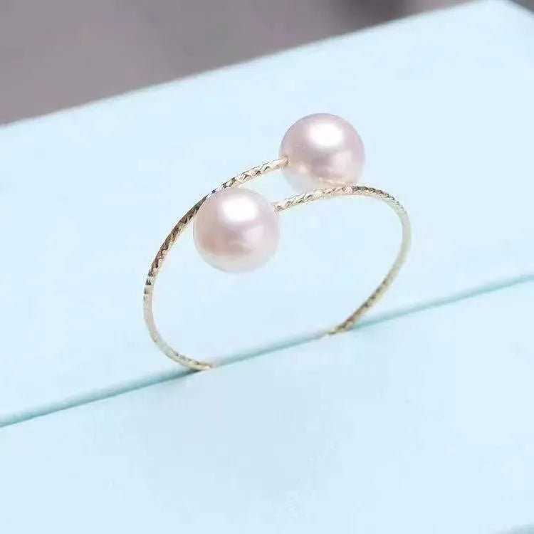 18K gold pearl elastic ring with Au750 purity, white pearl inlay, adjustable band
