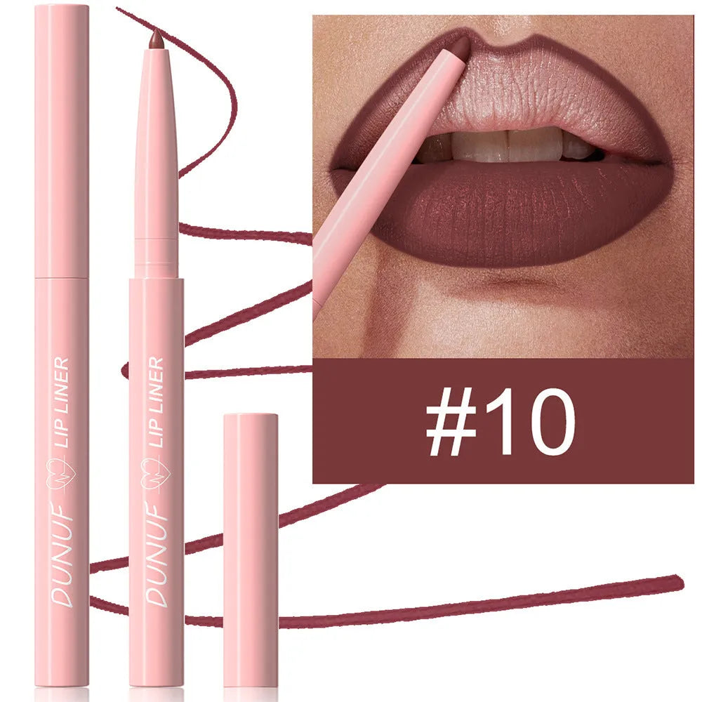 Twelve velvet matte lip liner pencils in a row showing different shades from a 12-colour collection.