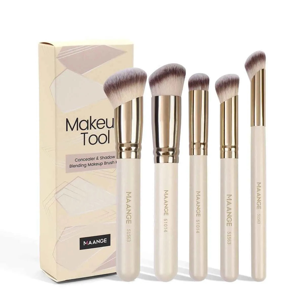 MAANGE five apricot coloured makeup brushes with angled blush brush on pink surface