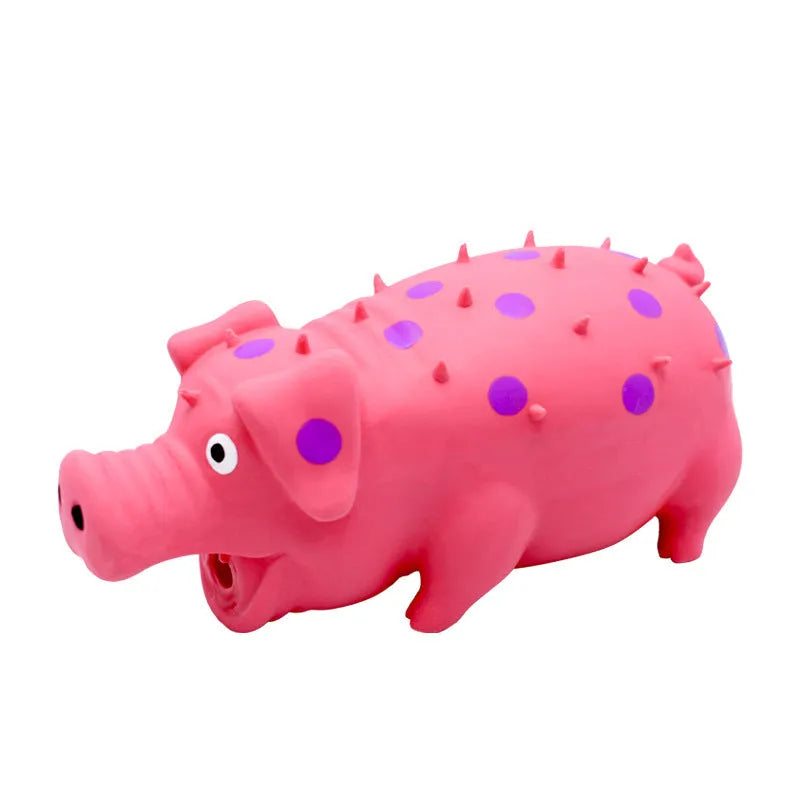 Pig-shaped latex squeaky dog chew toy in various colours with textured surface