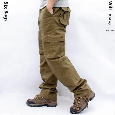 Men's multi-pocket cotton work trousers in solid colour, straight leg, mid waist, zip fly, size L to 5XL