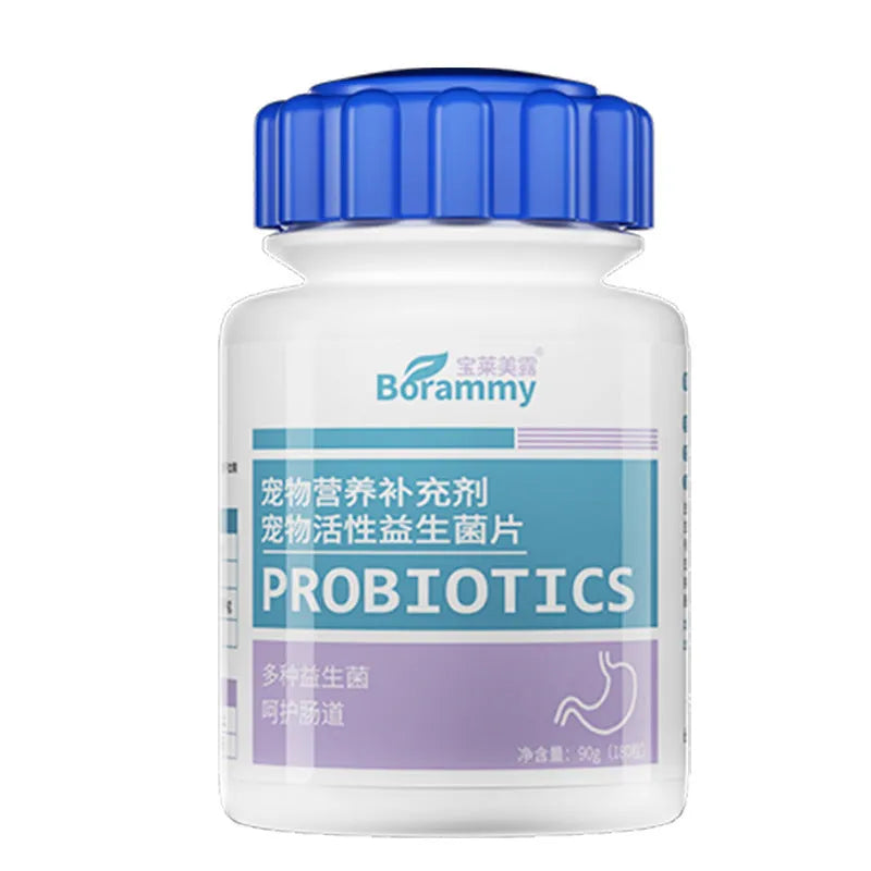Bottle of Pet Active Probiotic Tablets containing 180 tablets for cat and dog digestive health.
