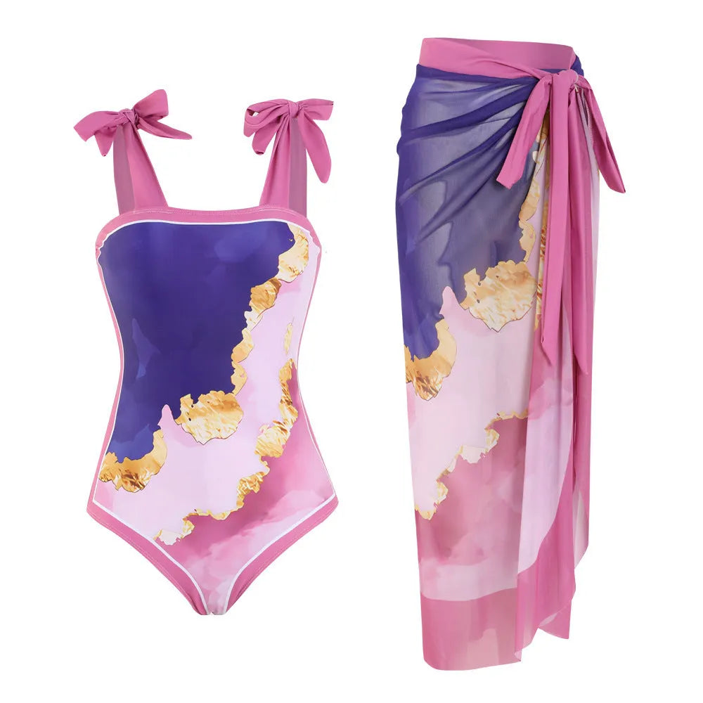Floral print mesh tube top one-piece swimsuit with removable skirt in pink, black, or brown colour options