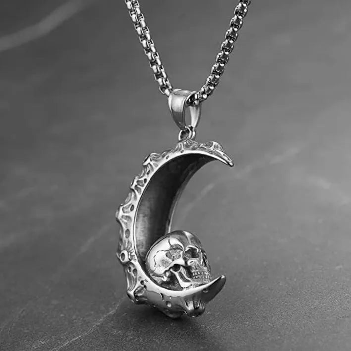 Men's silver skull necklace with stainless steel chain and six different alloy pendant designs
