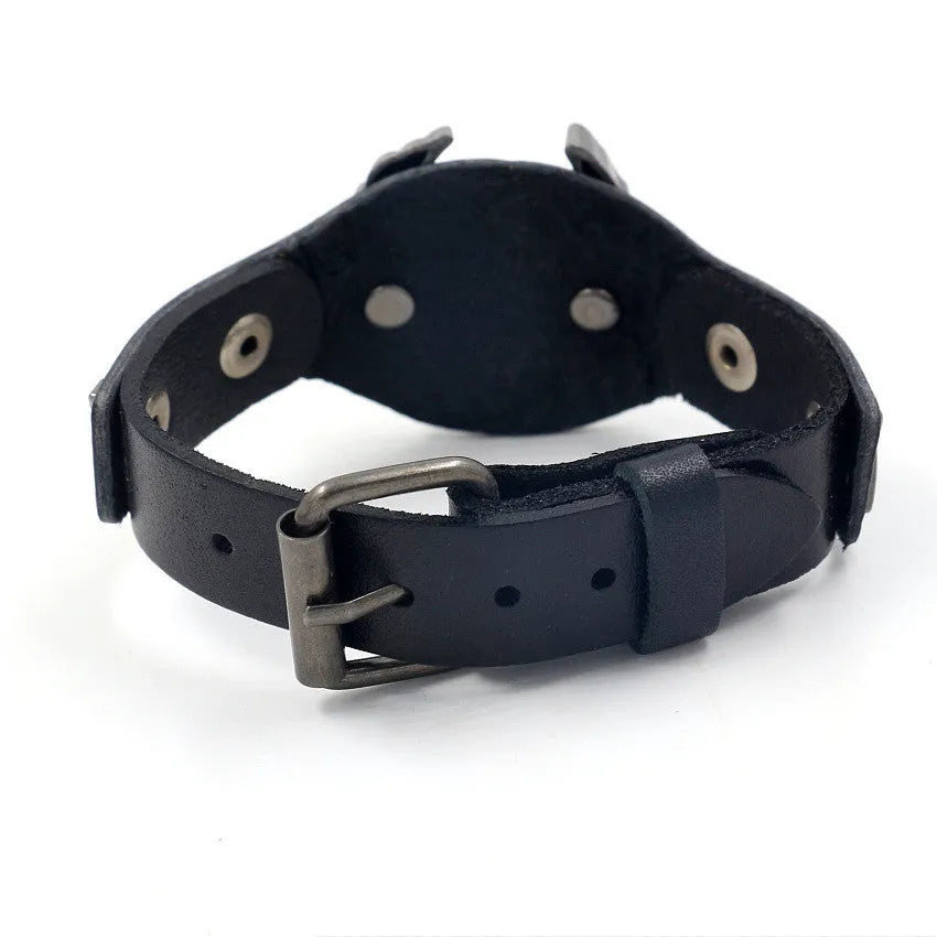 Black geometric leather bracelet with alloy eagle closure, showing adjustable width from 1.7 to 3.8cm