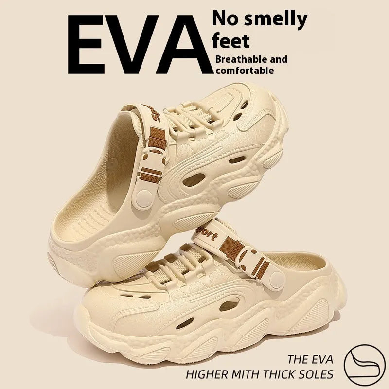 Men's khaki outdoor slippers with hollow-out design and lightweight EVA sole on a wooden deck.