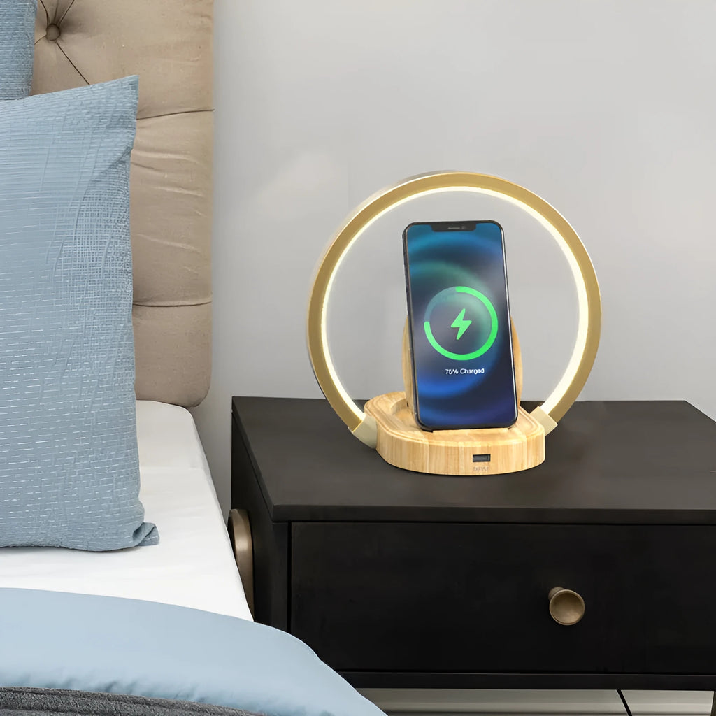 Night light lamp Bluetooth speaker table light with 10W wireless charger USB port phone holder in black finish