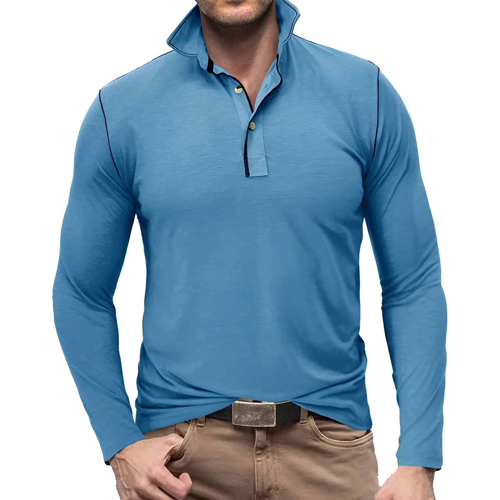 Men's Henley shirt in slub cotton blend with buttoned lapel collar, long sleeves, in army green colour