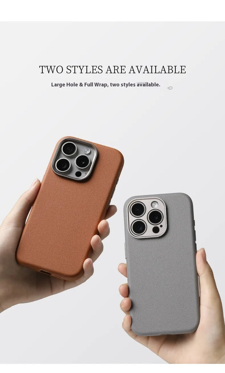 Genuine leather Magsafe phone case with alloy lens and metal frame for iPhone 15, black colour