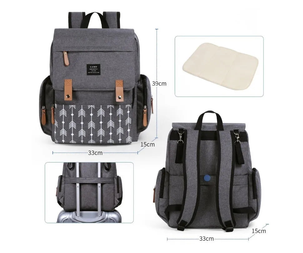 LAND large capacity oxford cloth nappy backpack with changing mat in grey colour