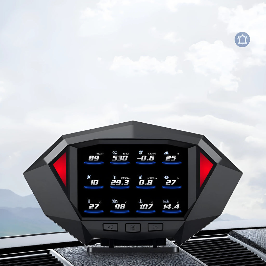 Black P1 vehicle head-up display unit with OBD cable on a car dashboard.