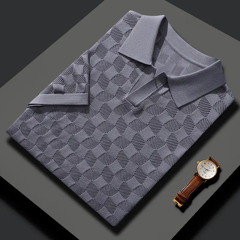 Men's short sleeve lapels business sweater in mulberry silk with Jacquard craft detail