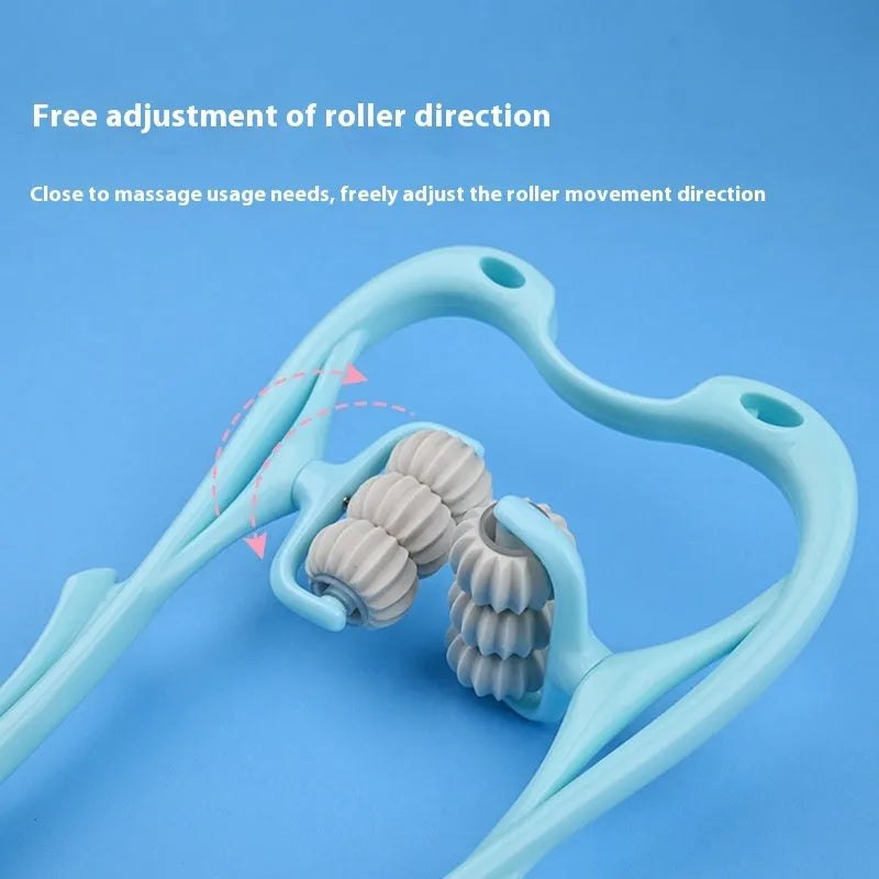 Blue plastic handheld massager with six rotating wheels for neck and shoulder tension.