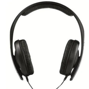 Black stereo headphones with head-mounted design, 40mm speakers, and integrated cable with microphone
