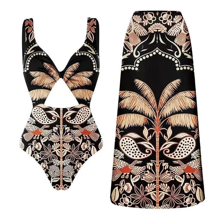 Women's black and yellow one-piece swimsuit with bird print, slit, and one-shoulder style options.