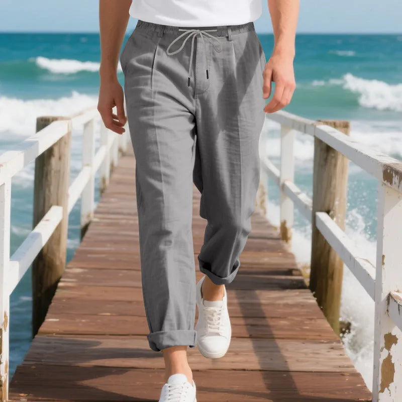 Men's linen trousers with drawstring waist in straight leg design showing army green colour option